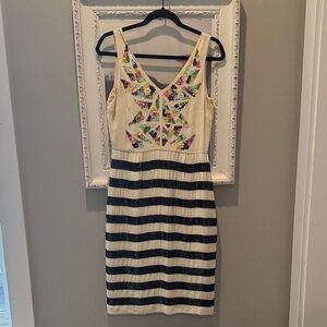 Nicole Miller Cream Dress with Black Stripes and Multicolor Sequin Bodice